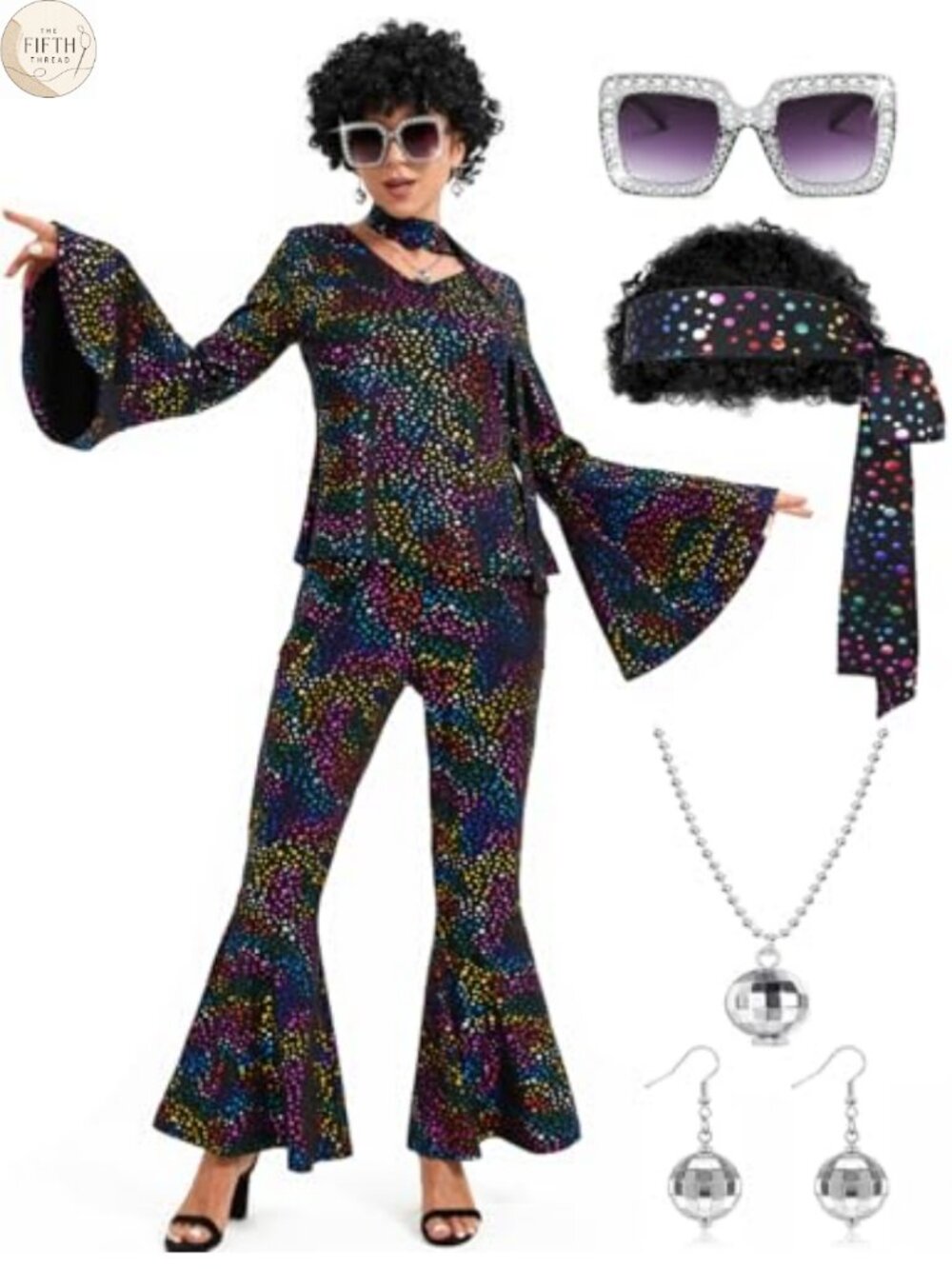 1970s Disco Costume Set Fitted Flared Sleeves Sequin Pants Halloween Party